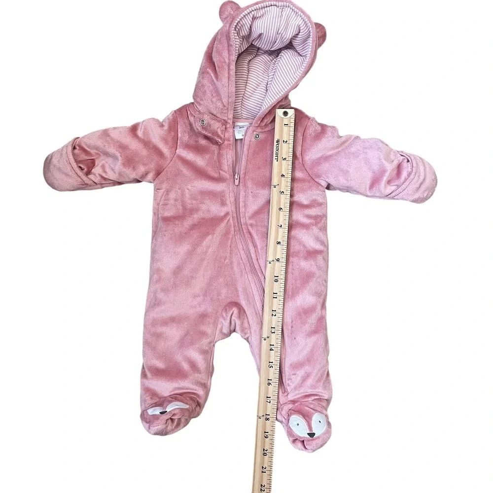 Carters Size 3 Months Baby Fox Fleece Plush One Piece Suit Zip Up Hood Feet Pink